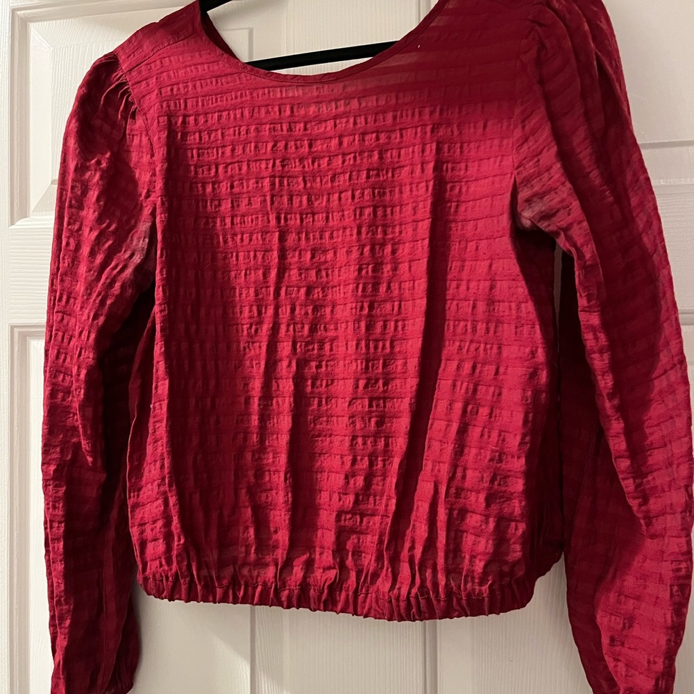 LOFT Red Smocked Long Sleeve Blouse